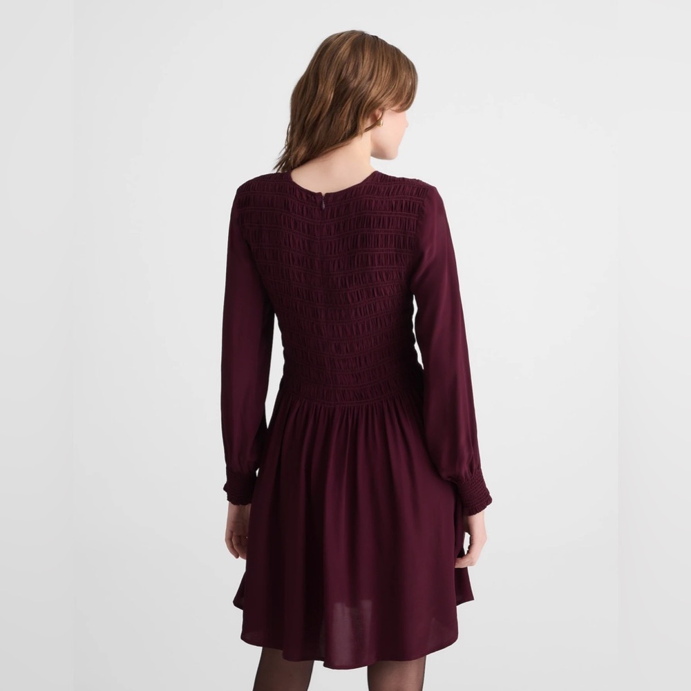 NWT Madewell Long-Sleeved Smocked Mini Dress Size XXS Dark Pomegranate - Picture 4 of 7